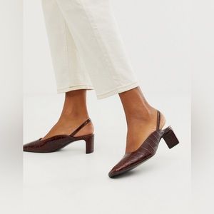 NWT & Other Stories Brown Croc Print Square Toe Kitten Heel Mule US 6.5 EU 36